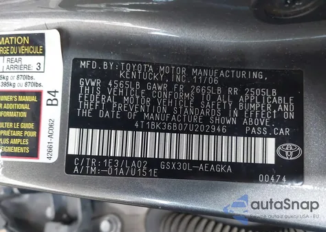 2007 Toyota Avalon Xls from USA, damaged, VIN 4T1BK36B07U202946